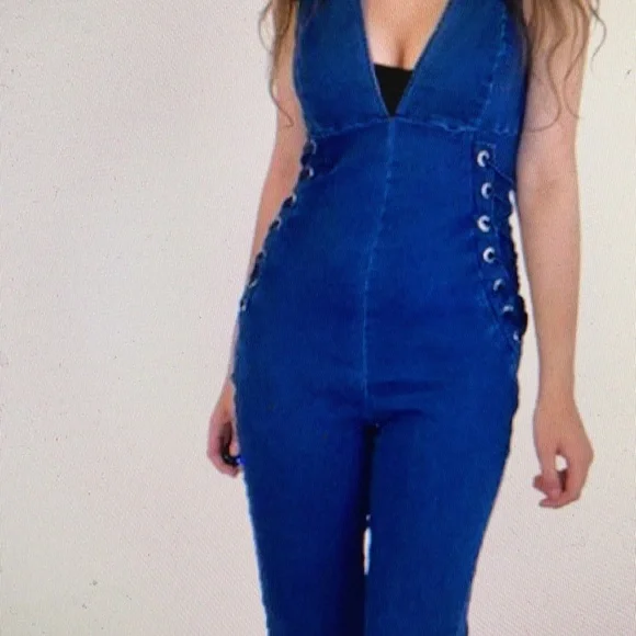 C’est Toi Dark Blue Jean Jumpsuit with Ties - Picture 2 of 12